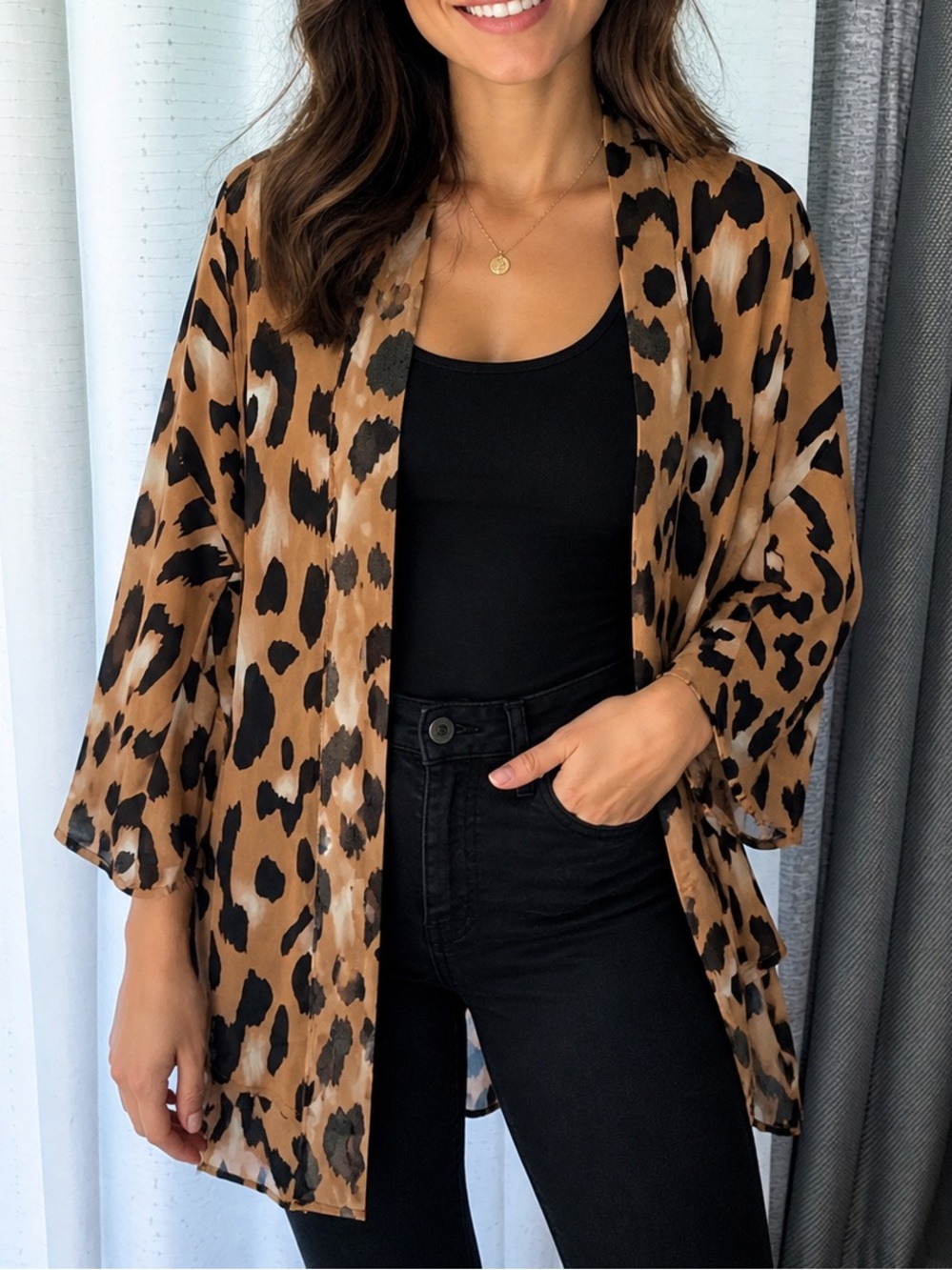 DejaVu- Leopard Print Open Front Kimono Size Small